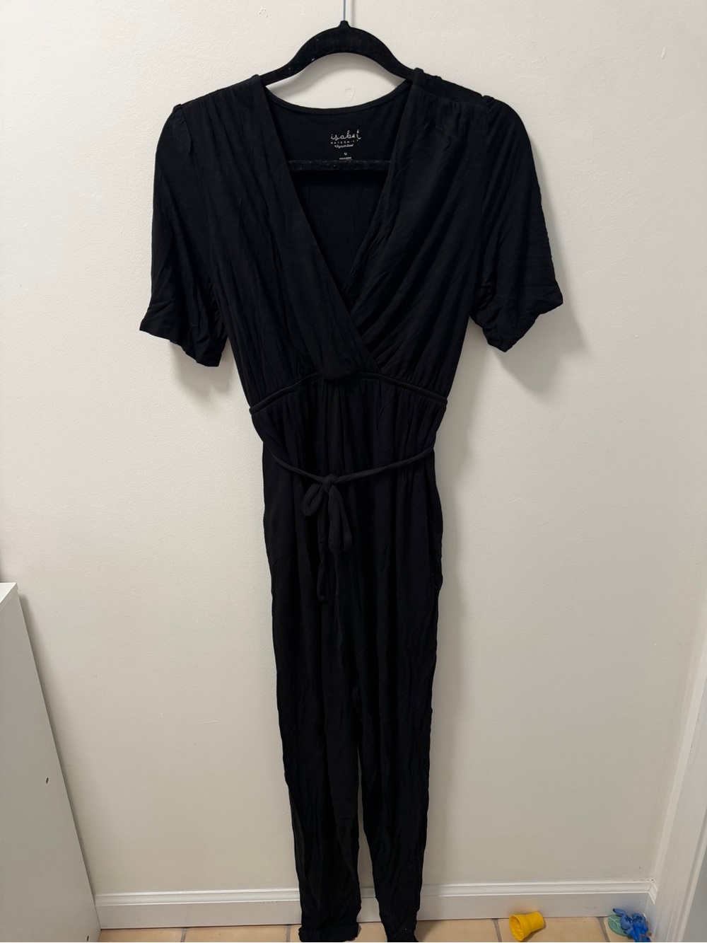 Isabel Maternity Black Wrap Jumpsuit with Tie Waist